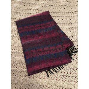 NWT Coldwater Creek Acrylic Fringe Scarf With Geometric Pattern In Burgundy & Bl